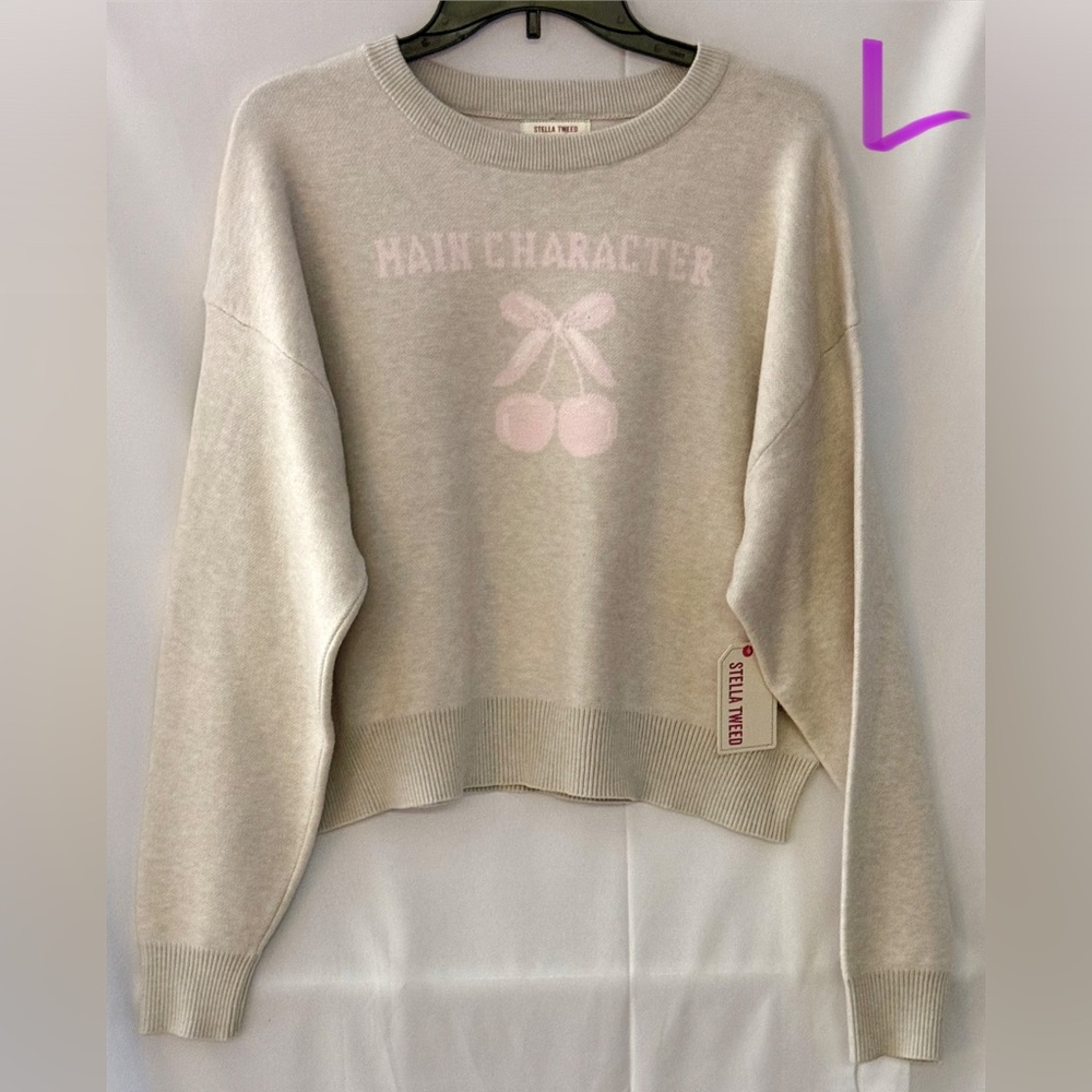 Stella Tweed Cream Sweater with Pink Cherry Design
